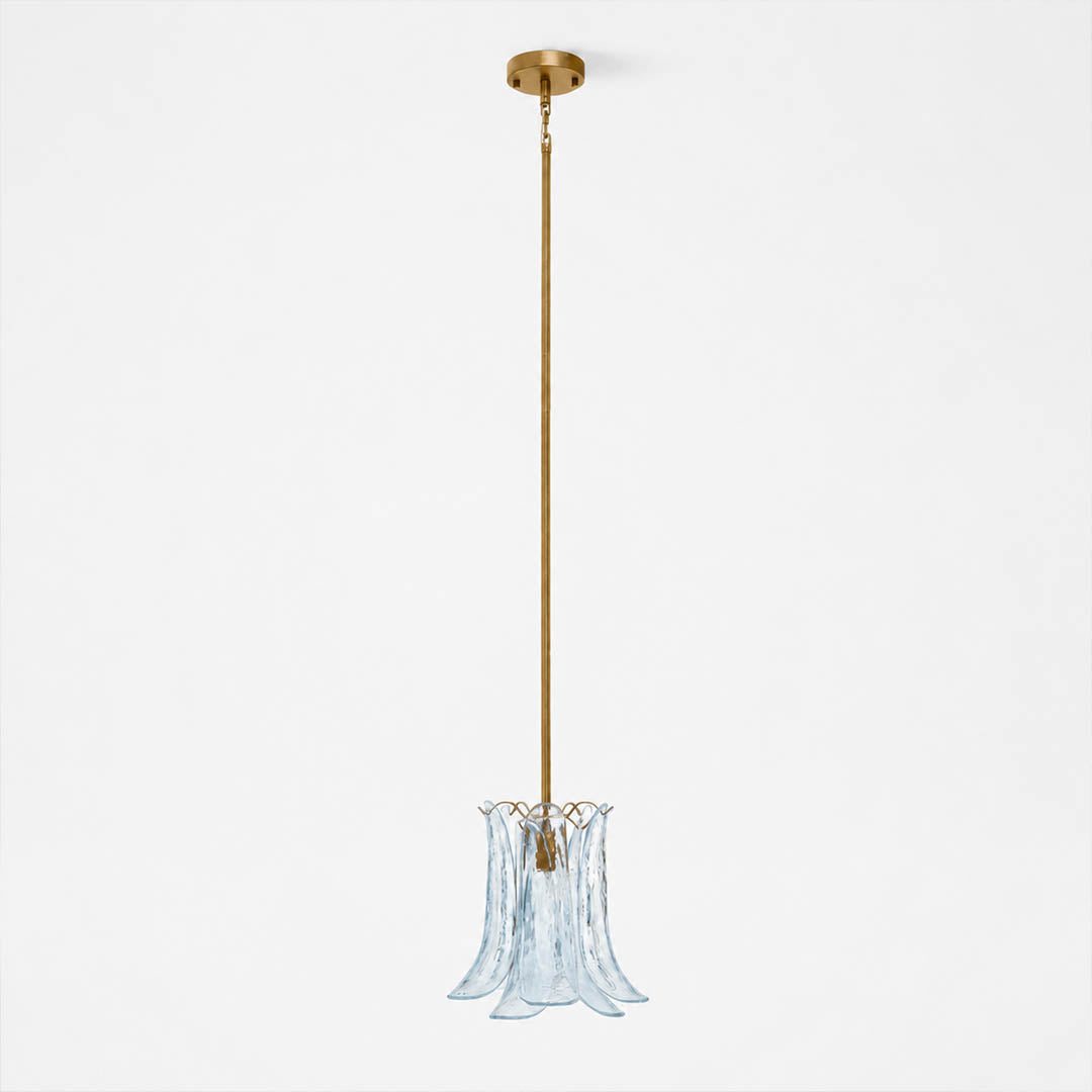 Livia petal glass pendant light 12 inch translucent deep blue brass gold rod textured vertically curved sculptural Murano hand blown modern vintage kitchen island coastal white background