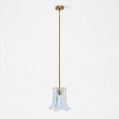 Livia petal glass pendant light 12 inch translucent deep blue brass gold rod textured vertically curved sculptural Murano hand blown modern vintage kitchen island coastal white background
