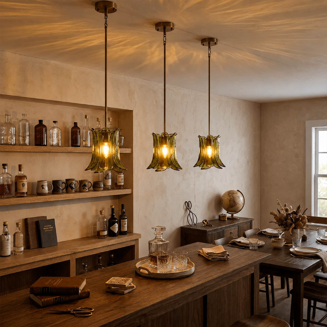 Livia petal glass pendant lights hospitality restaurant bar commercial project multi pendant cluster modern vintage Italian brass gold rod warm glow lifestyle interior