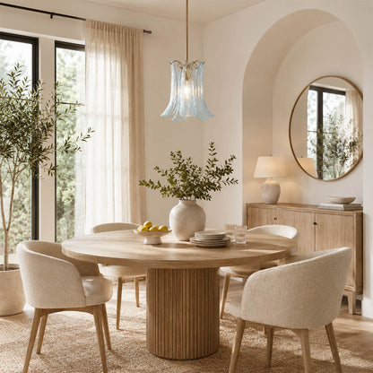 Livia green olive petal glass pendant light dining table vintage modern intimate romantic Italian walnut chair brass gold rod warm glow lifestyle interior