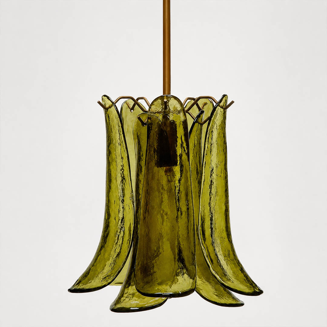 Livia green olive textured Murano glass panel translucent rich depth hand blown craftsmanship nature inspired detail close up authentic