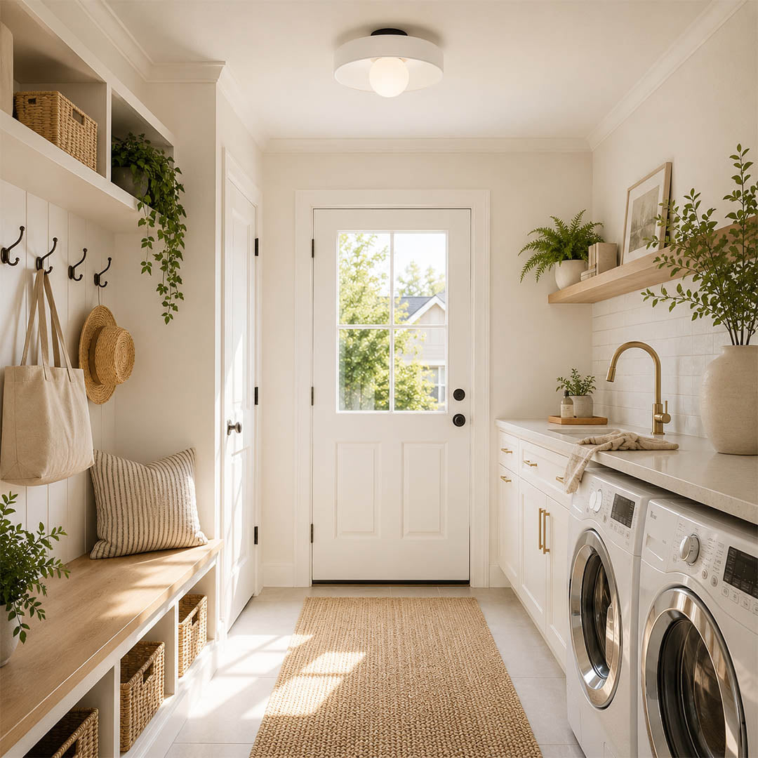 Lottie Green sage vintage stained glass mushroom ceiling light kitchen Cottagecore botanical white cabinets fresh herbs Maximalist interior