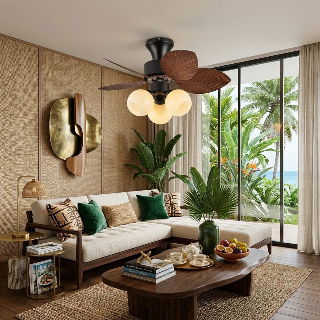 Lotus vintage ceiling fan-A with light above bed warm glass shade glow bedroom interior