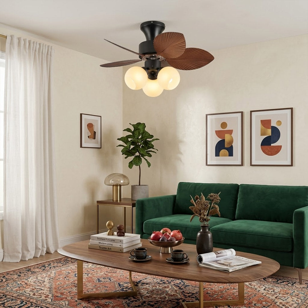 Lotus vintage ceiling fan-A with light above bed warm glass shade glow bedroom interior