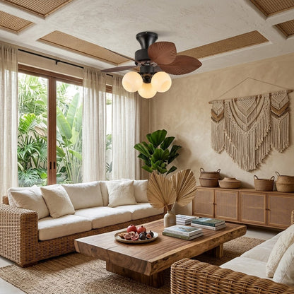 Lotus vintage ceiling fan-A with light above bed warm glass shade glow bedroom interior