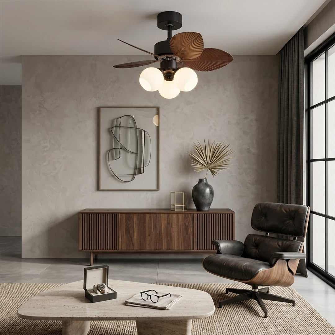 Lotus vintage ceiling fan with light above bed warm glass shade glow bedroom interior