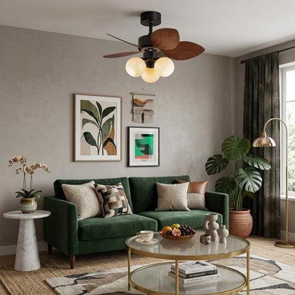 Lotus vintage ceiling fan with light above bed warm glass shade glow bedroom interior