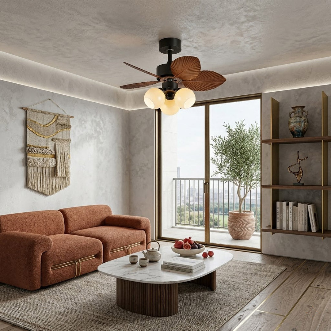 Lotus vintage ceiling fan with light above bed warm glass shade glow bedroom interior