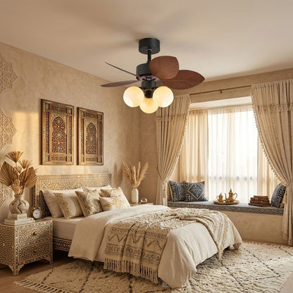 Lotus vintage ceiling fan with light above bed warm glass shade glow bedroom interior