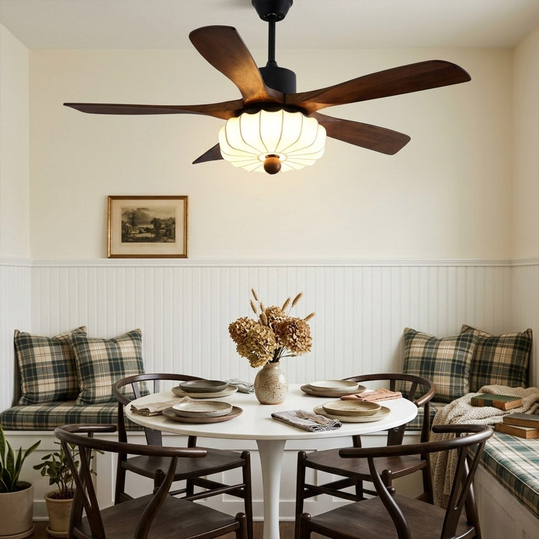 Lotus Ceiling Fan with Light – 5-Blade Wood Lantern Shade LED Remote Fan | Stuberlighting