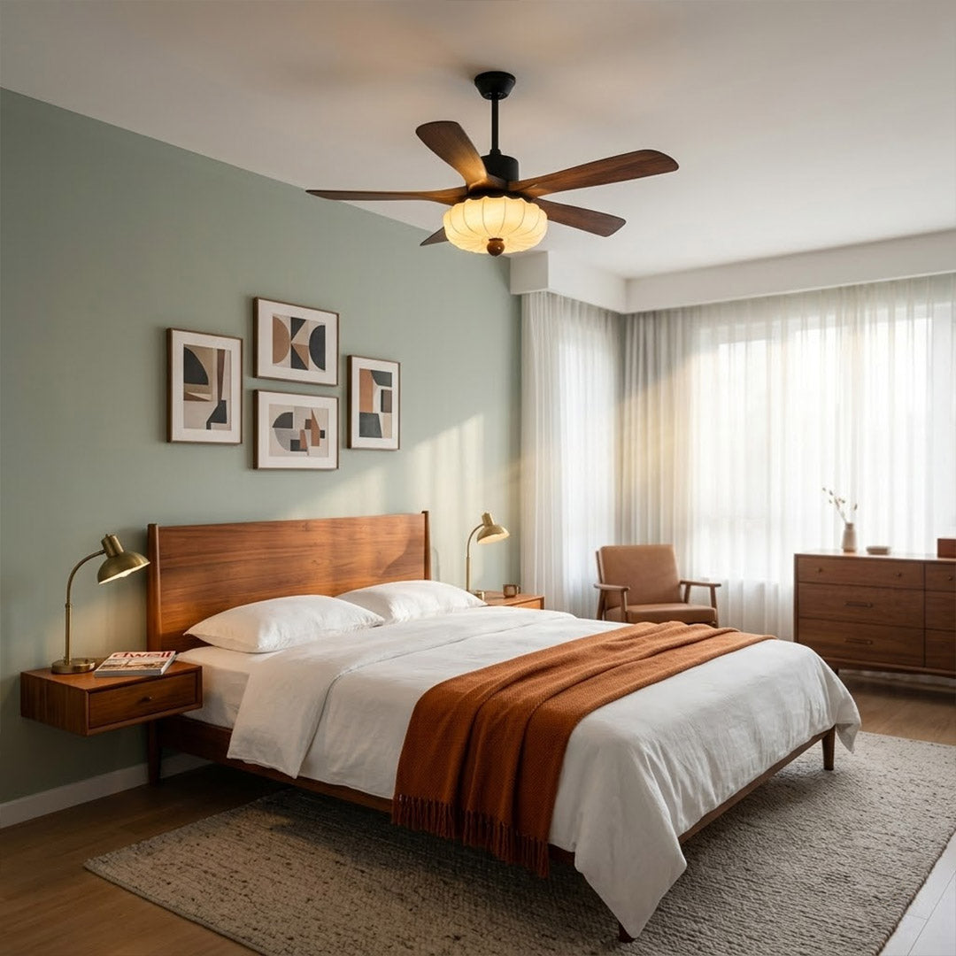 Lotus Ceiling Fan with Light – 5-Blade Wood Lantern Shade LED Remote Fan | Stuberlighting