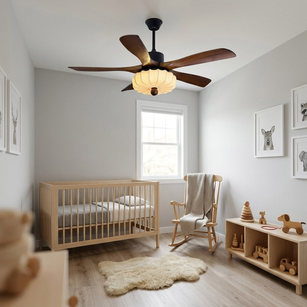 Lotus Ceiling Fan with Light – 5-Blade Wood Lantern Shade LED Remote Fan | Stuberlighting