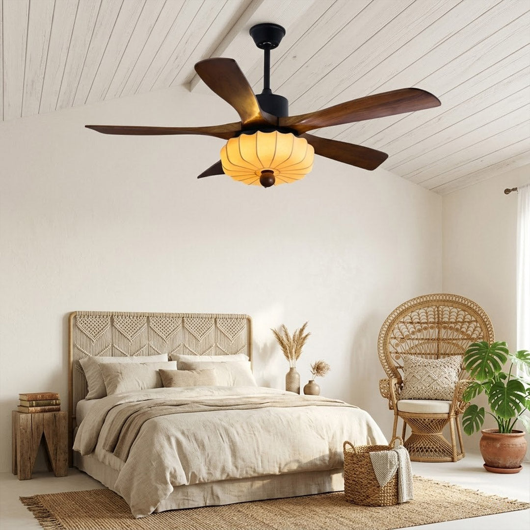 Lotus Ceiling Fan with Light – 5-Blade Wood Lantern Shade LED Remote Fan | Stuberlighting