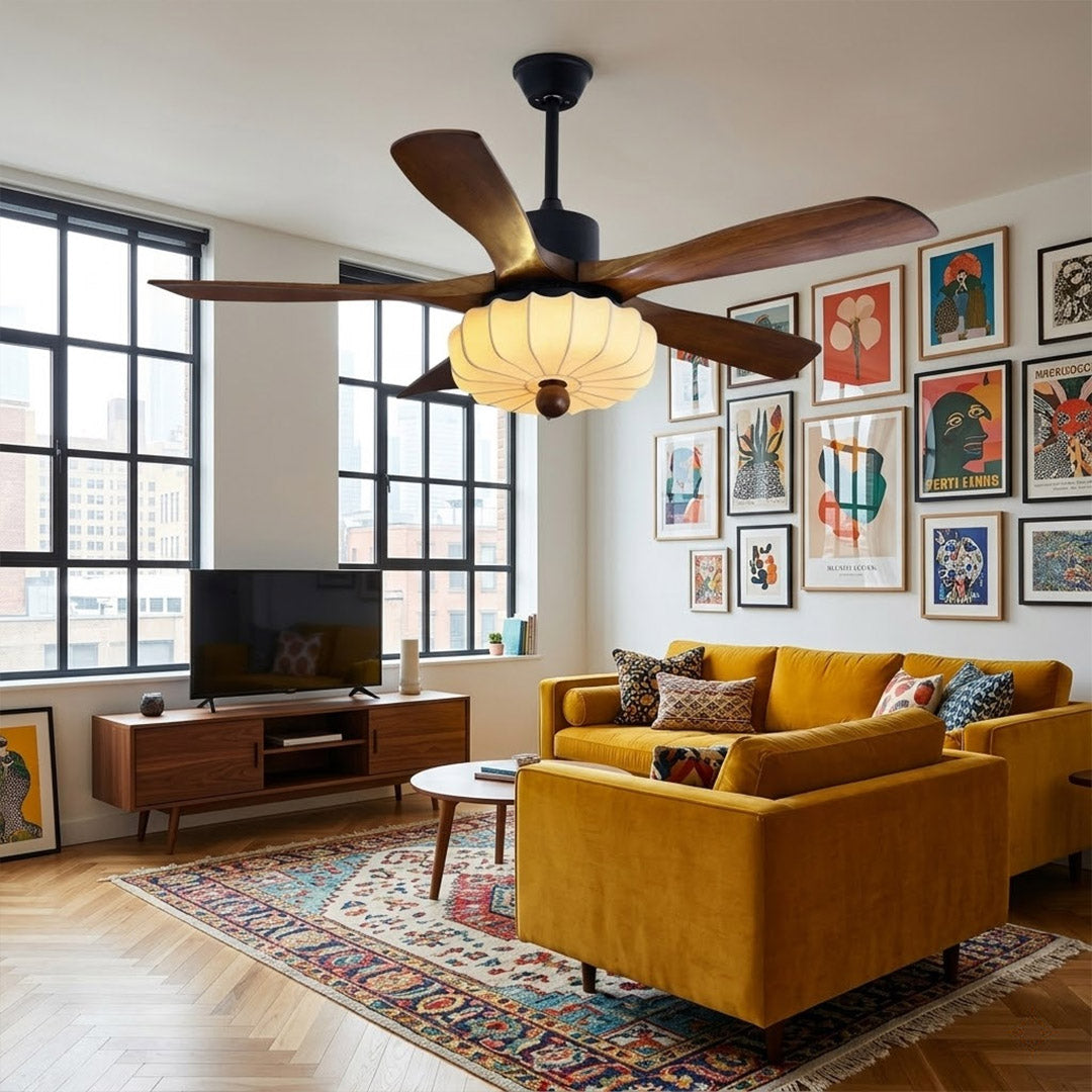Lotus Ceiling Fan with Light – 5-Blade Wood Lantern Shade LED Remote Fan | Stuberlighting