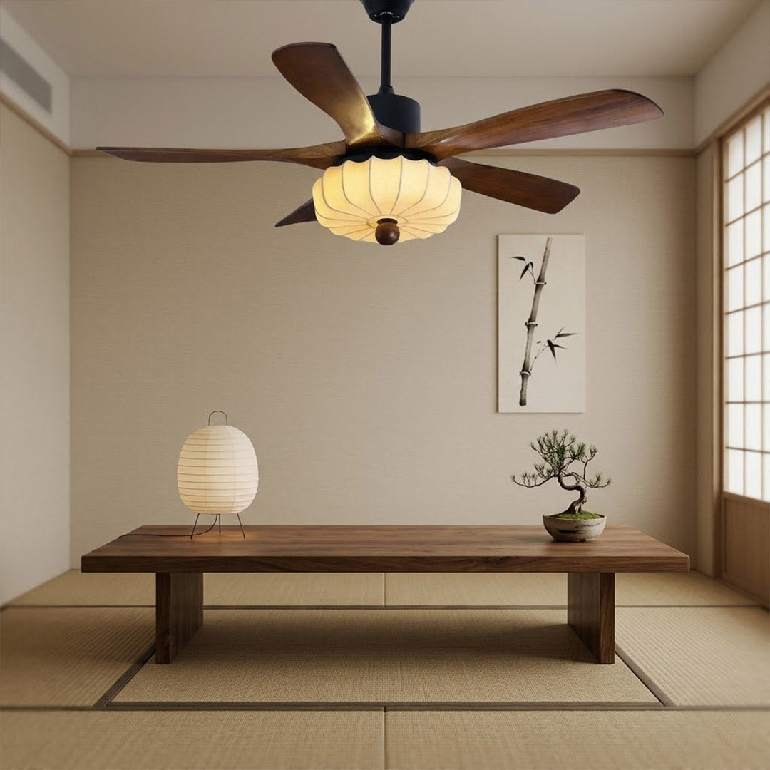 Lotus Ceiling Fan with Light – 5-Blade Wood Lantern Shade LED Remote Fan | Stuberlighting