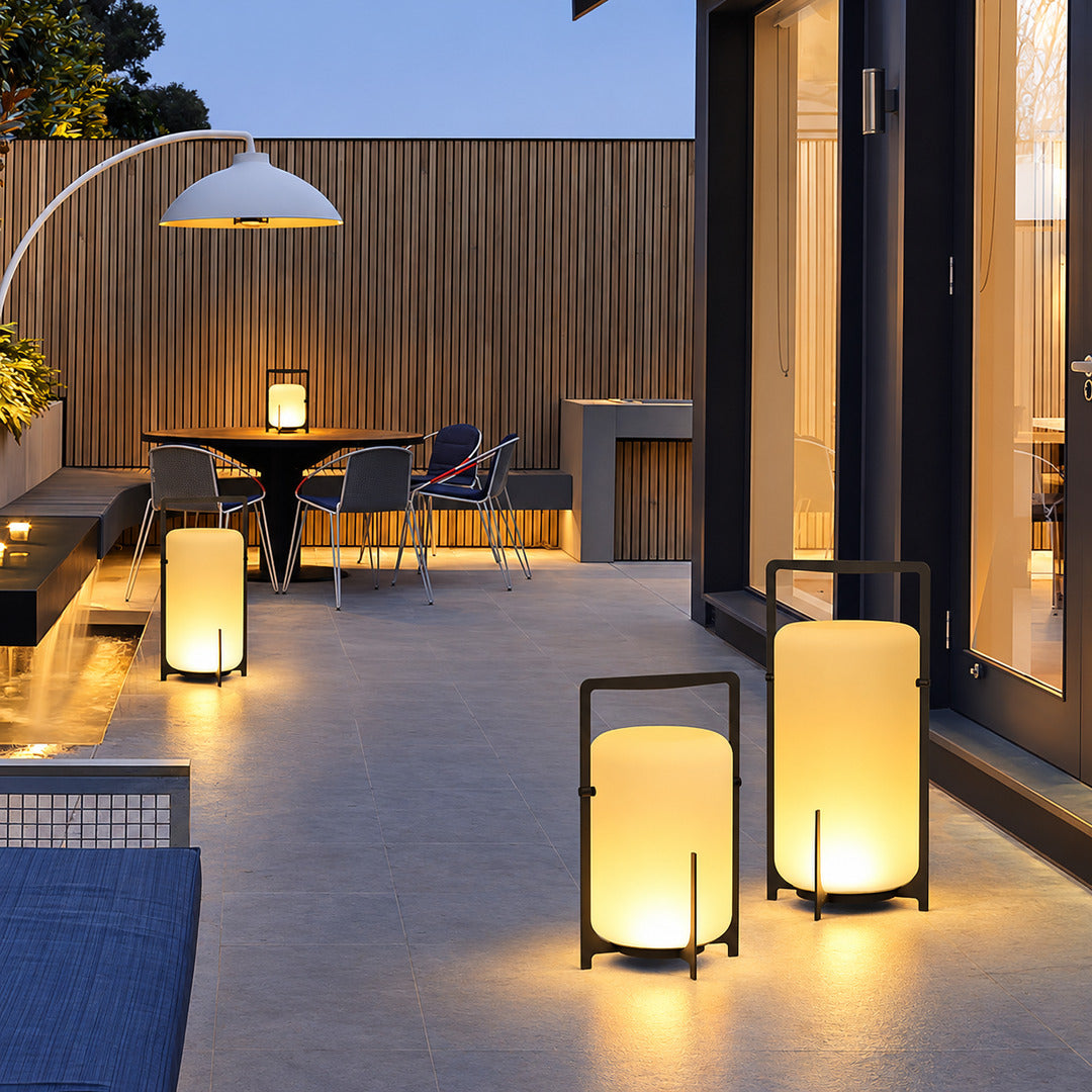 Lucciola rechargeable lantern lighting a garden pathway or covered porch