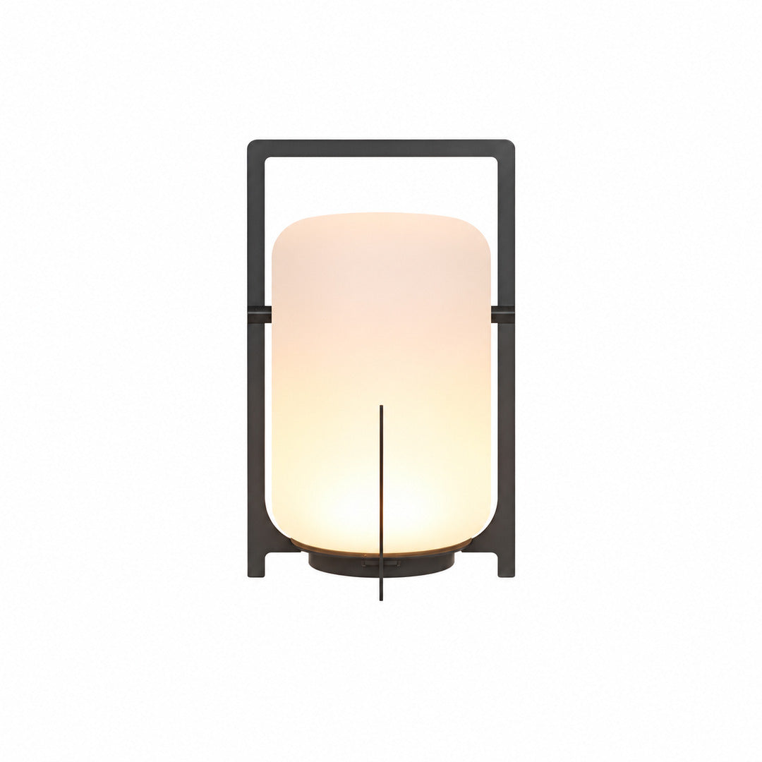 Small 11-inch black Lucciola rechargeable lantern with a durable PE shade on a patio ledge