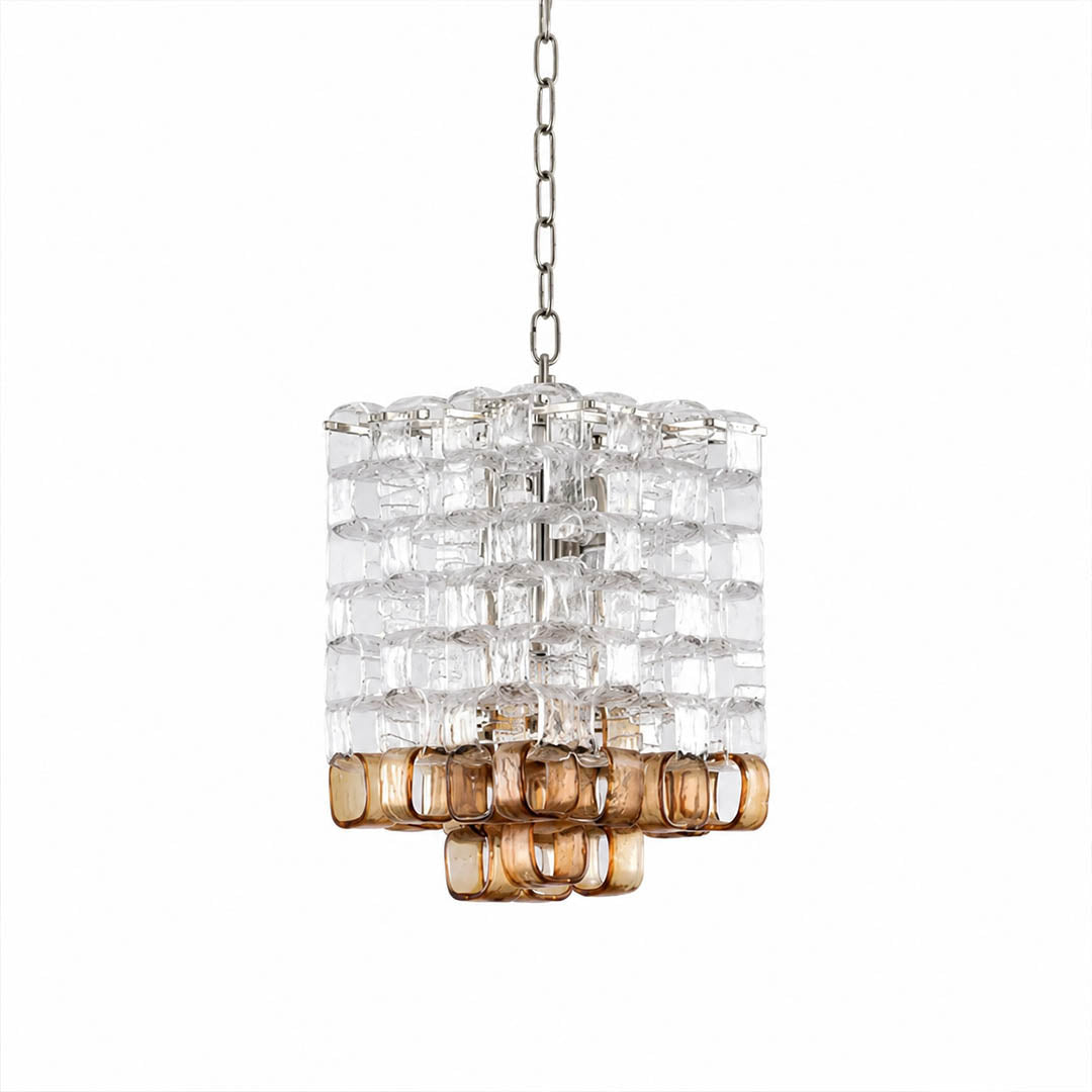 Lucia Poliarte style interlocking Murano chandelier 13 inch clear amber Italian hand blown glass cups chrome nickel frame mid century vintage 1960s white background