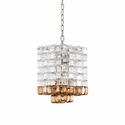 Lucia Poliarte style interlocking Murano chandelier 13 inch clear amber Italian hand blown glass cups chrome nickel frame mid century vintage 1960s white background