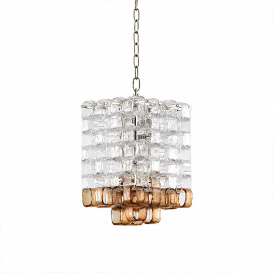 Lucia Poliarte style interlocking Murano chandelier 13 inch clear amber Italian hand blown glass cups chrome nickel frame mid century vintage 1960s white background