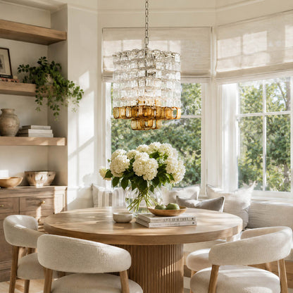 Lucia Murano chandelier dining room walnut table 6 seater mid century 1960s vintage Italian elegant warm glow lifestyle interior