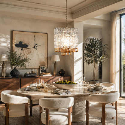 Lucia Murano chandelier dining room walnut table 6 seater mid century 1960s vintage Italian elegant warm glow lifestyle interior
