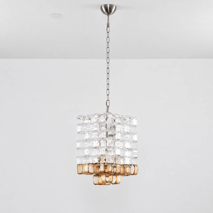Lucia Poliarte style interlocking Murano chandelier Italian mid century 1960s living room vintage modern walnut leather warm glow lifestyle interior