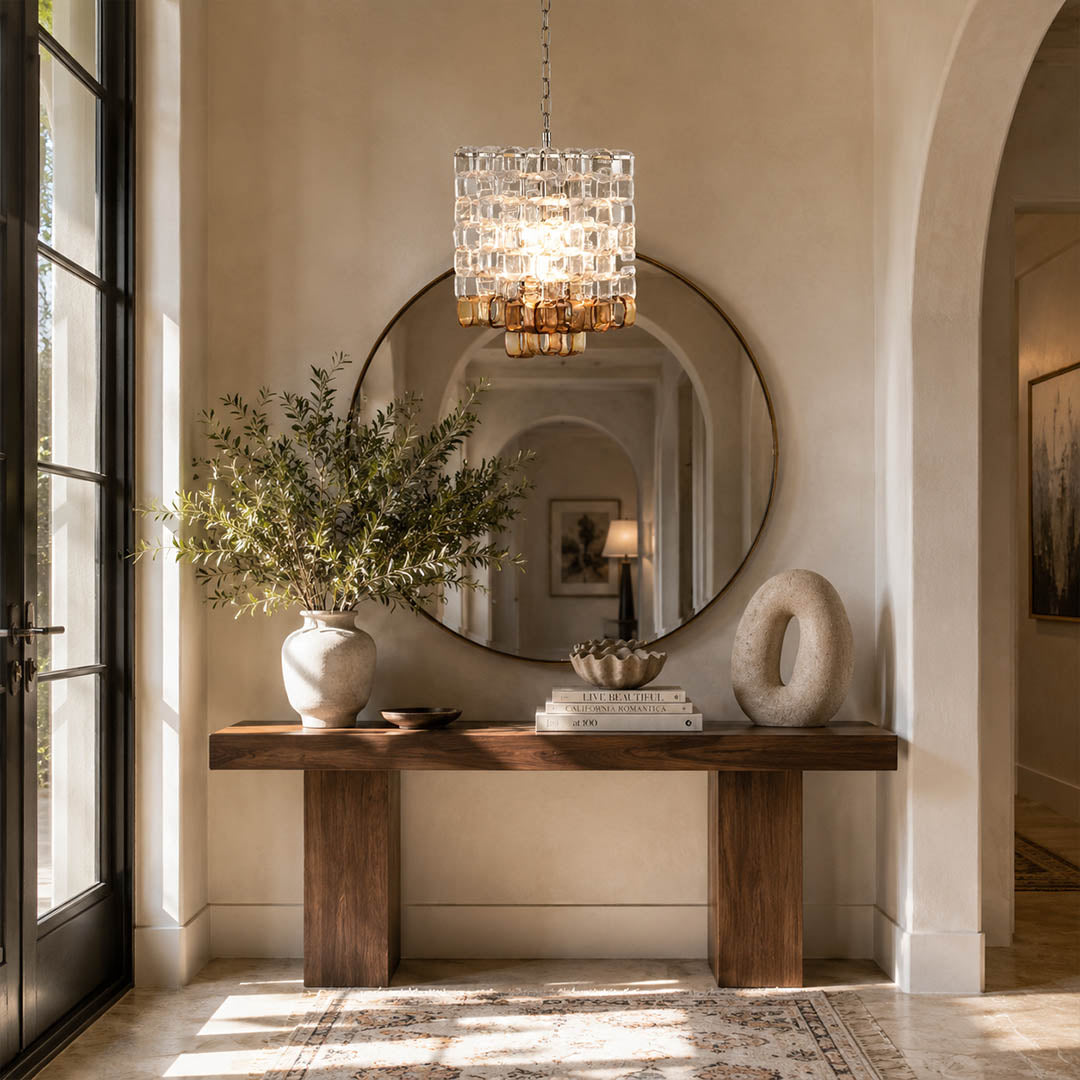 Lucia Murano chandelier vintage modern foyer entryway mid century 1960s Italian Poliarte amber warm glow lifestyle interior