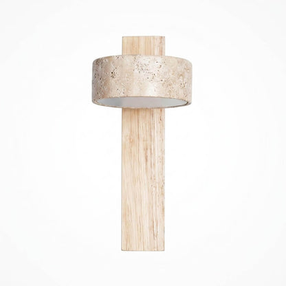 Lumen travertine wall lamp wood color yellow stone small sconce white background
