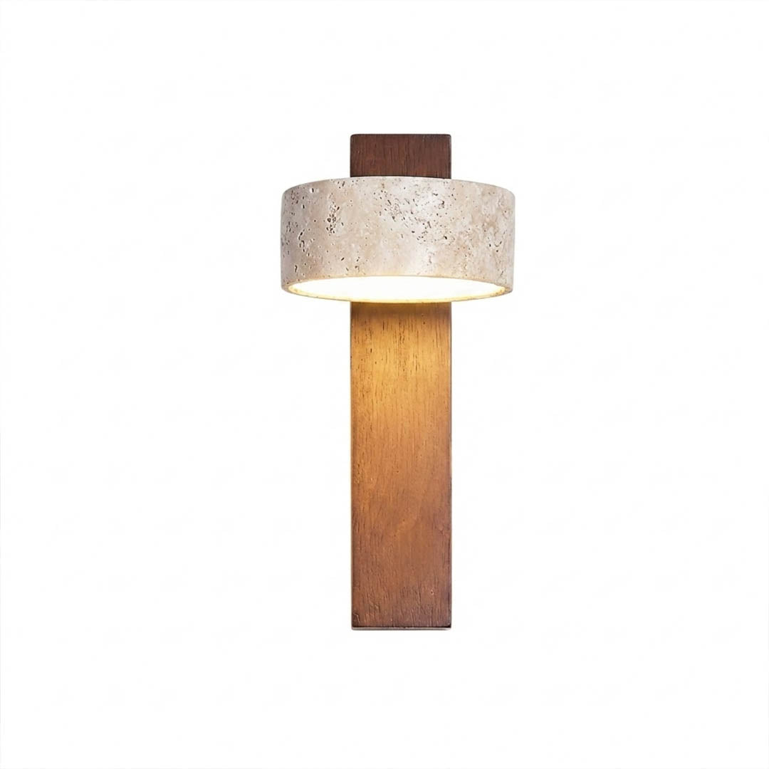 Lumen travertine wall lamp walnut wood yellow stone small sconce white background