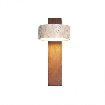 Lumen travertine wall lamp walnut wood yellow stone small sconce white background