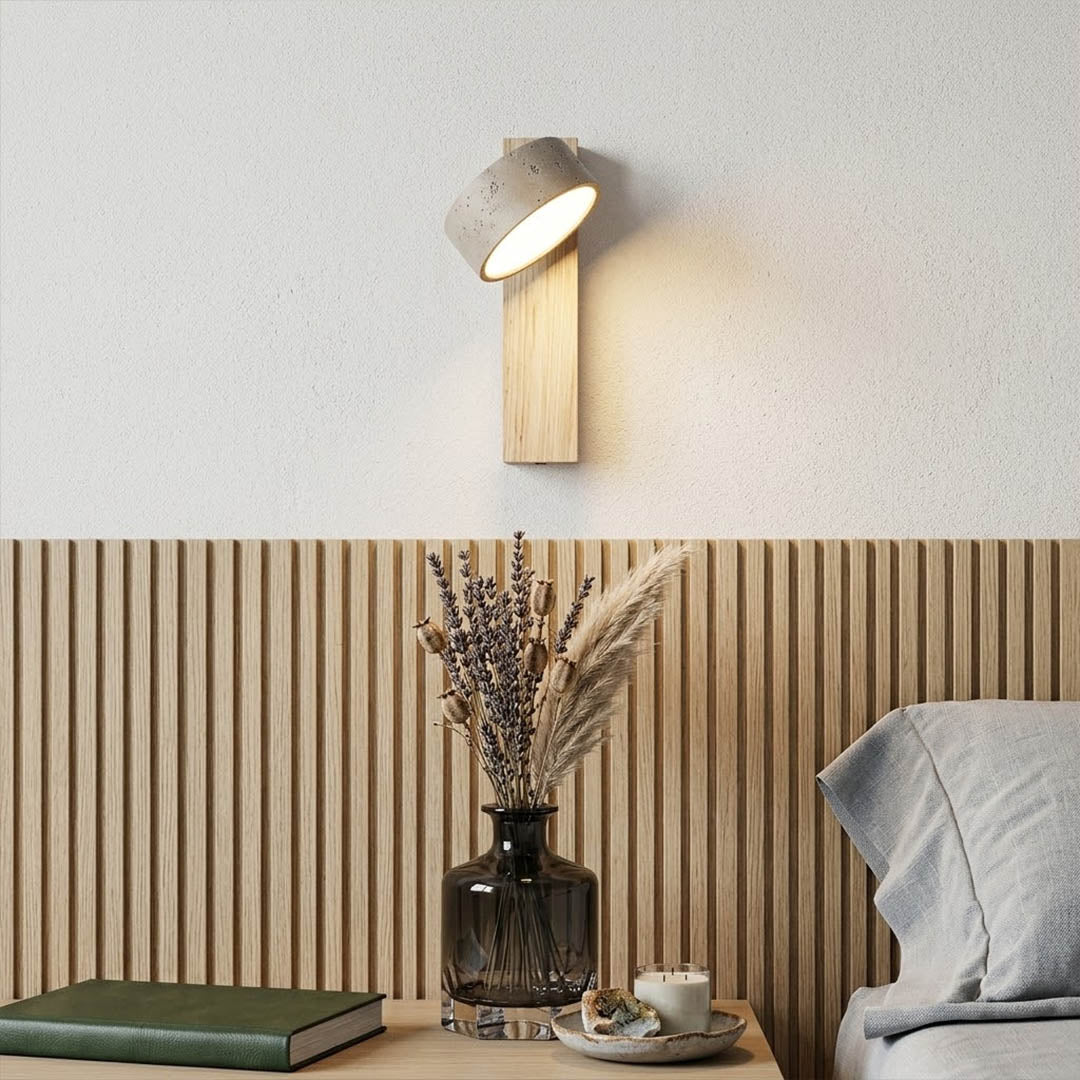 Lumen travertine wall lamp wood color yellow stone small sconce white background