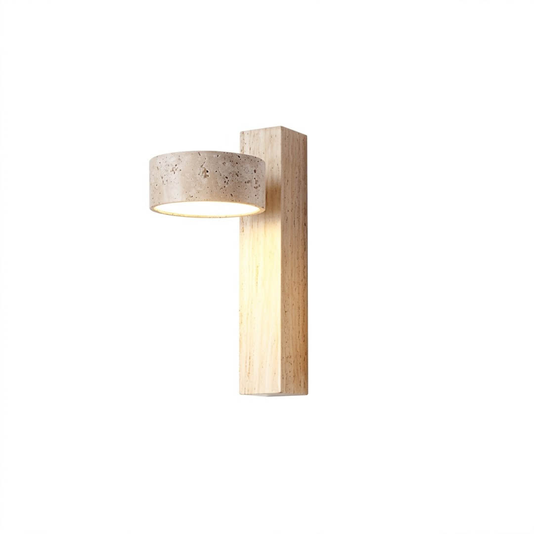Lumen travertine wall lamp wood color yellow stone small sconce white background