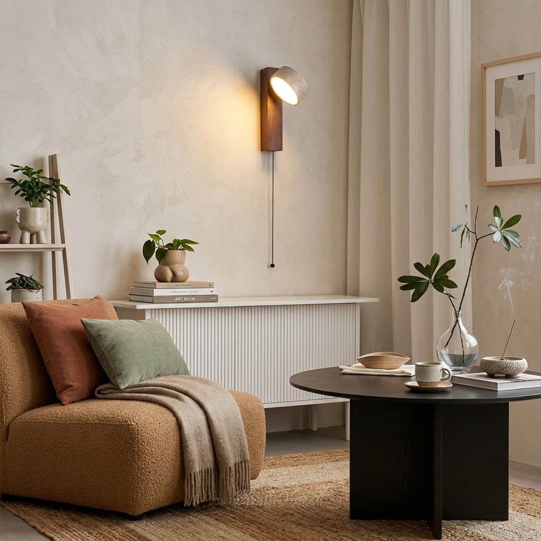 Lumen travertine wall lamp wood color yellow stone small sconce white background