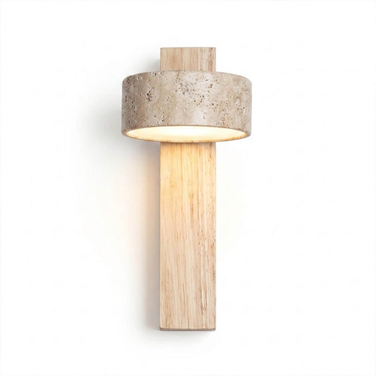 Lumen travertine wall lamp wood color yellow stone small sconce white background