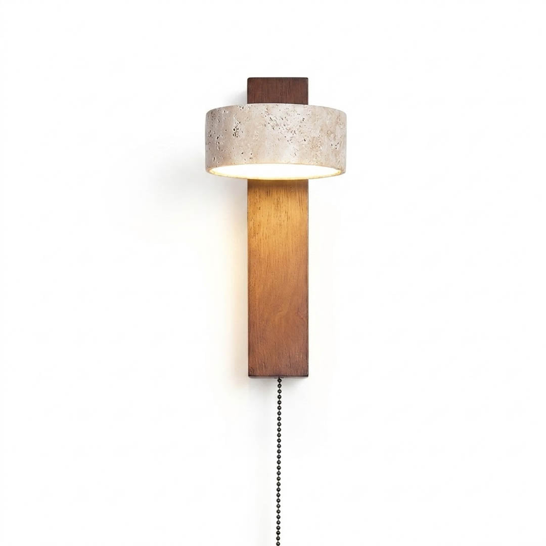 Lumen travertine wall lamp walnut wood yellow stone small sconce white background