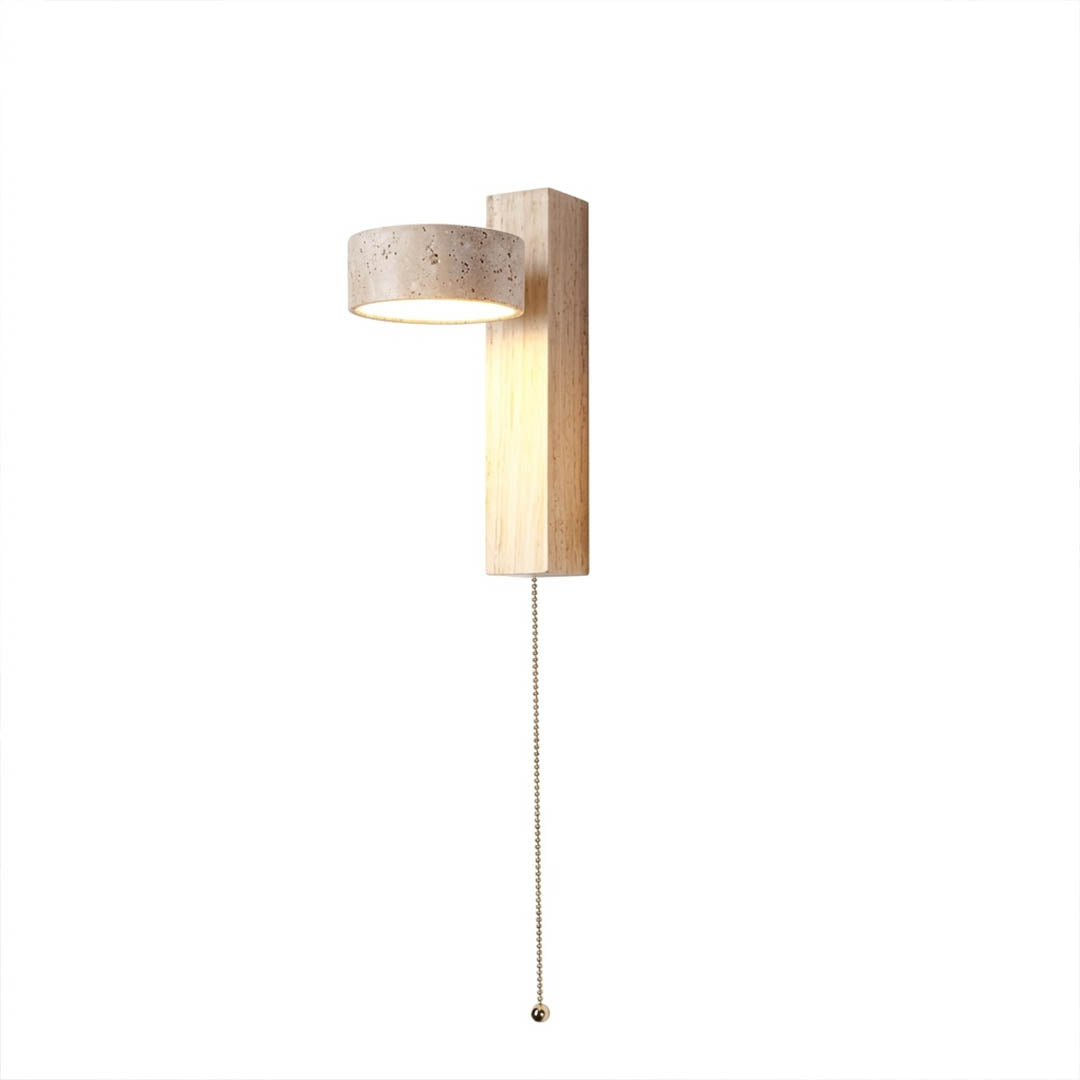 Lumen travertine wall lamp wood color yellow stone small sconce white background
