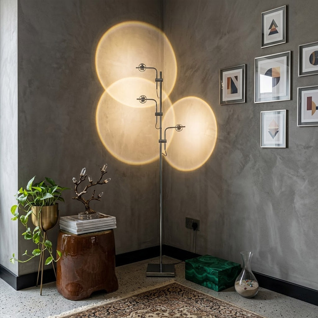 Lumi cordless slim floor lamp standing in modern living room corner warm white glow minimalist neutral interior