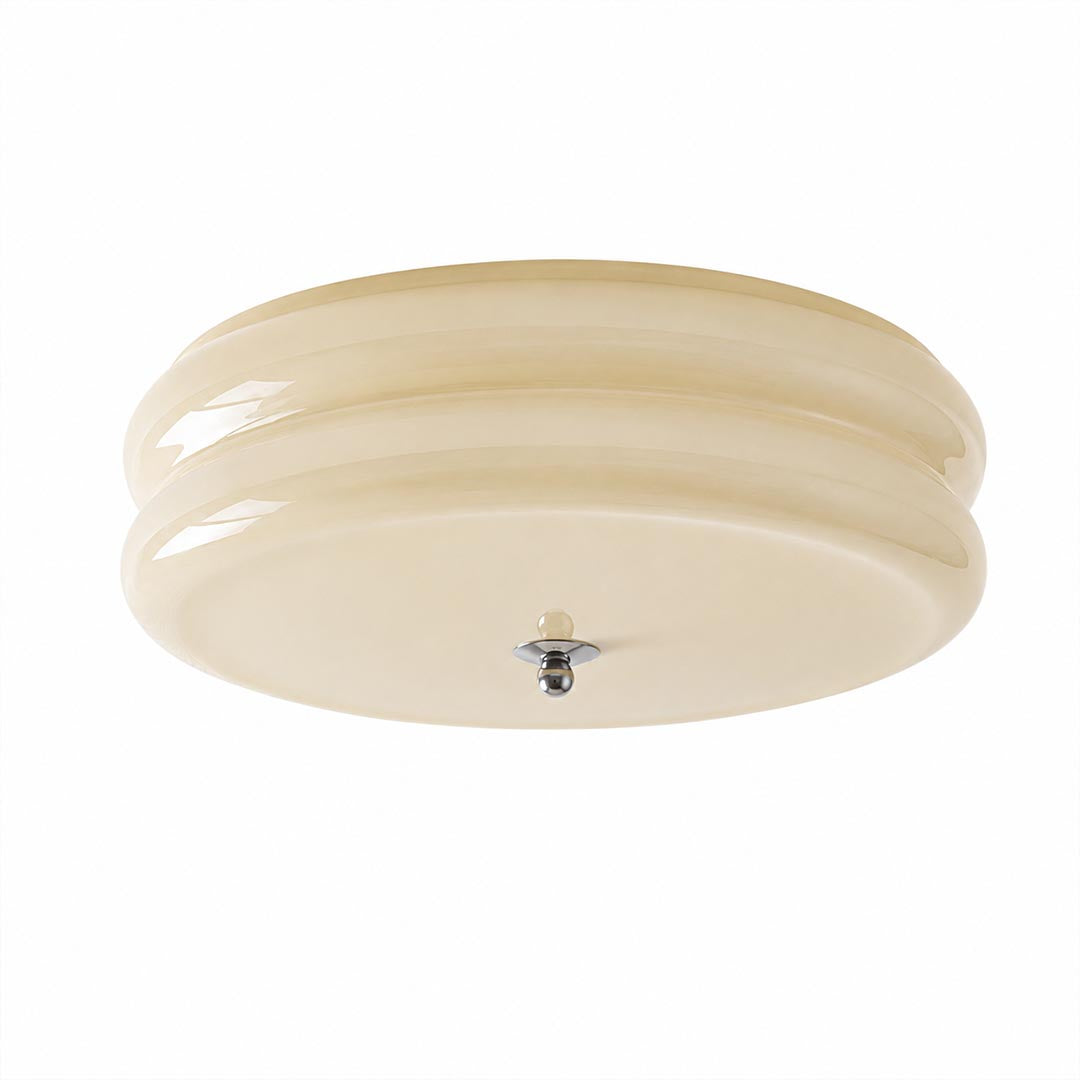 Lumiere deco ceiling light chrome beige ribbed glass tiered shade art deco vintage flush mount white background front view