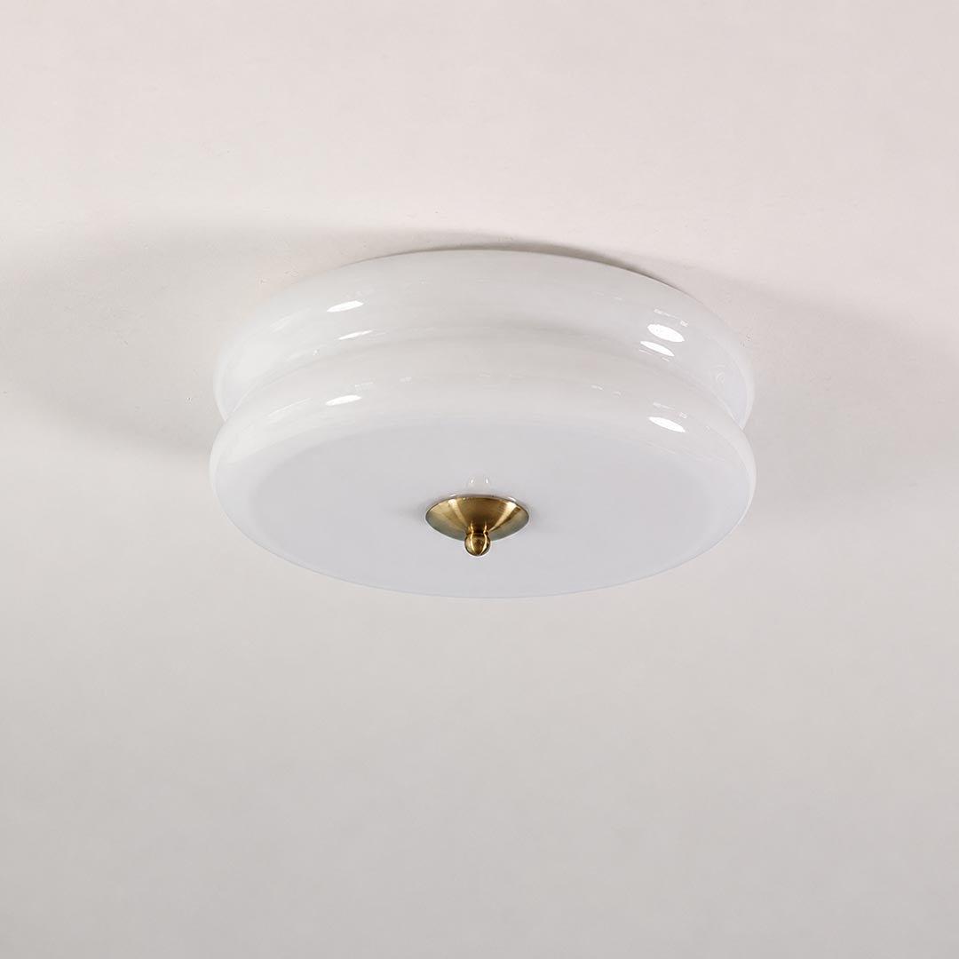 Lumiere deco ceiling light gold white ribbed glass tiered shade art deco 1920s vintage flush mount white background front view