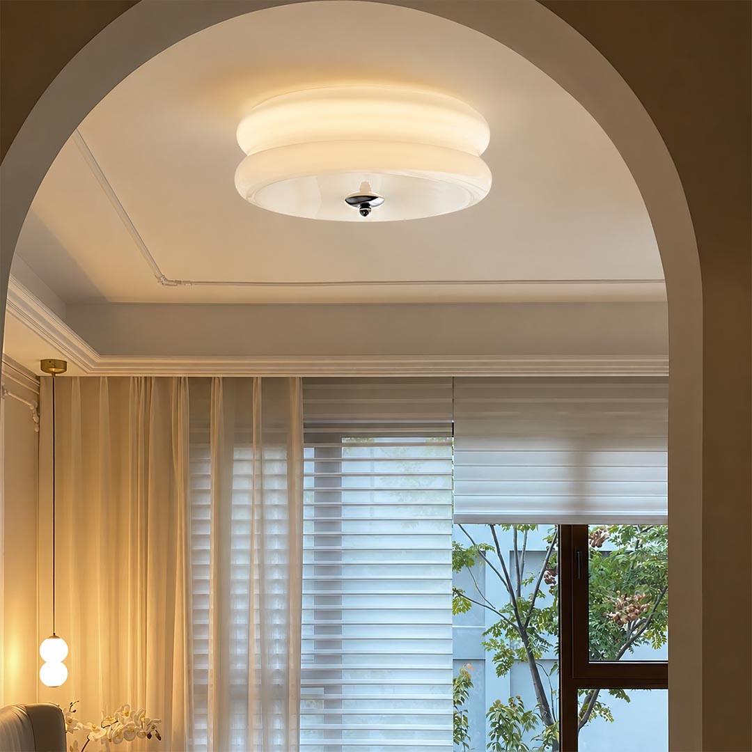 Lumiere deco ceiling light hallway corridor low ceiling flush mount slim ribbed glass art deco warm American home lifestyle interior