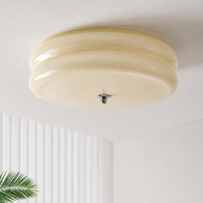 Lumiere deco ceiling light illuminated warm 3000K glow ribbed glass shade art deco vintage cozy evening mood detail close up