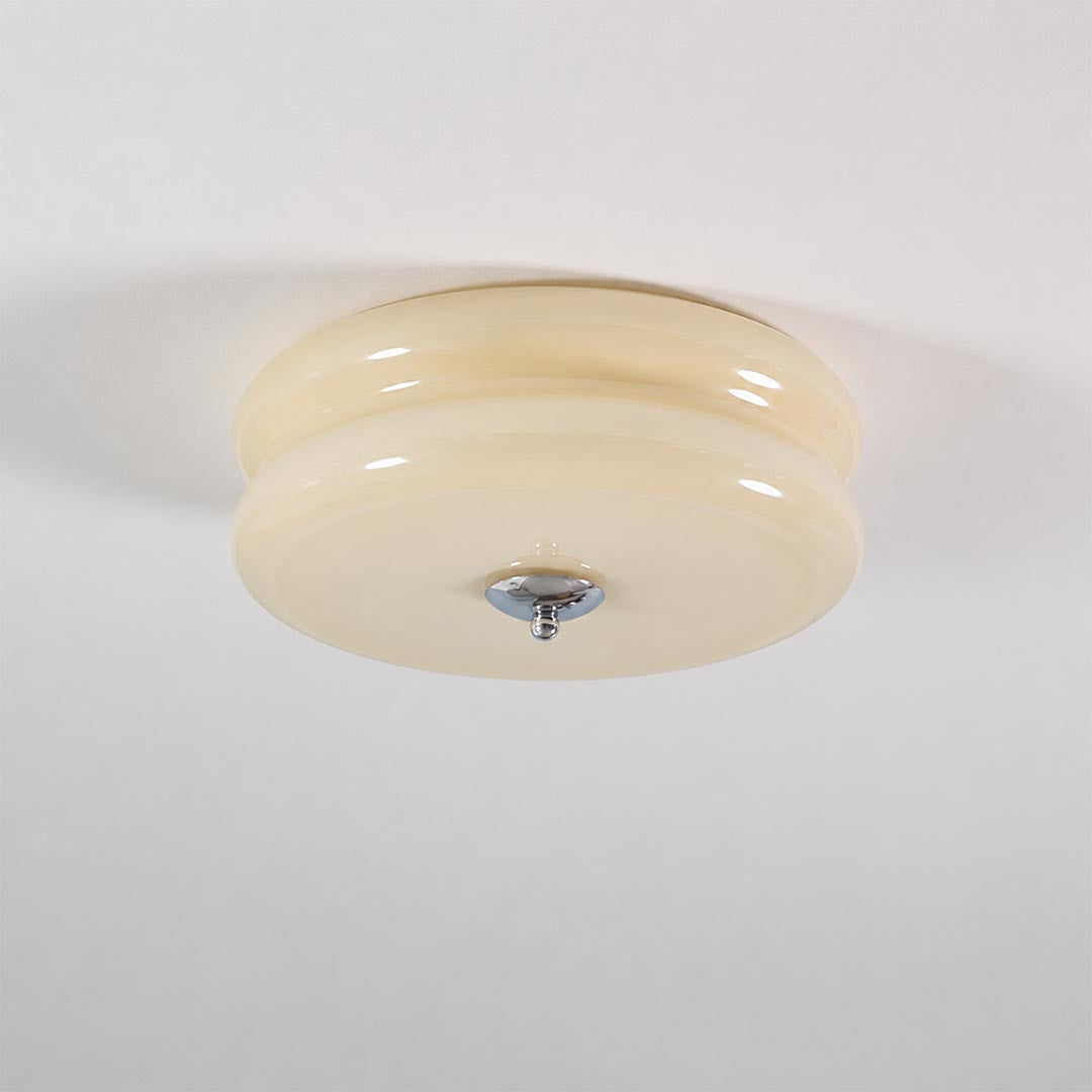 Lumiere deco ceiling light chrome beige ribbed glass tiered shade art deco vintage flush mount white background front view