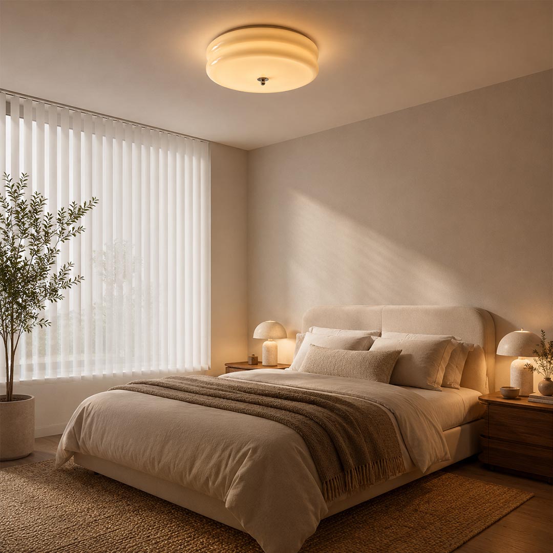 Lumiere deco ceiling light chrome bedroom flush mount ribbed glass art deco warm ambient low profile American home lifestyle interior