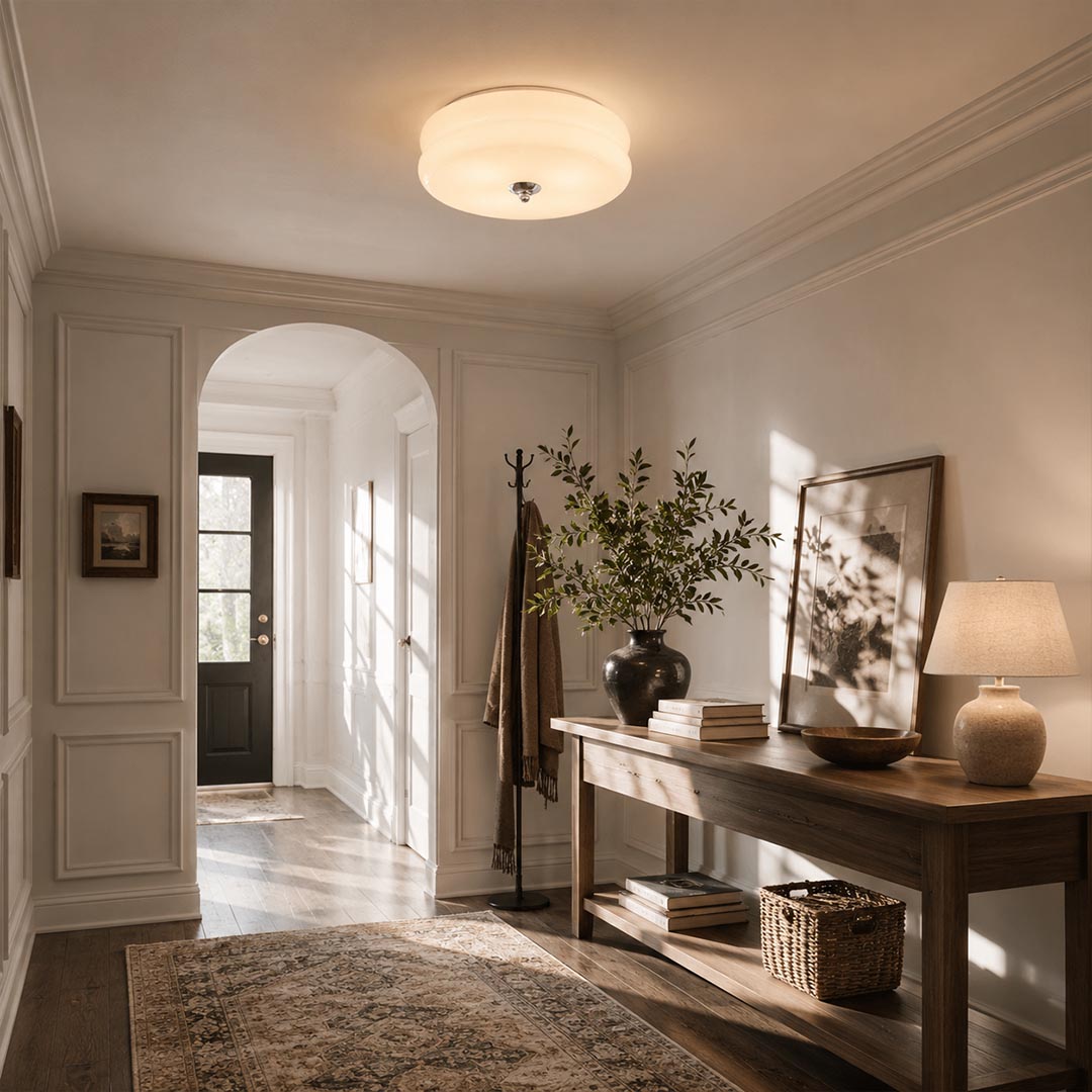 Lumiere deco ceiling light hallway corridor low ceiling flush mount slim ribbed glass art deco warm American home lifestyle interior