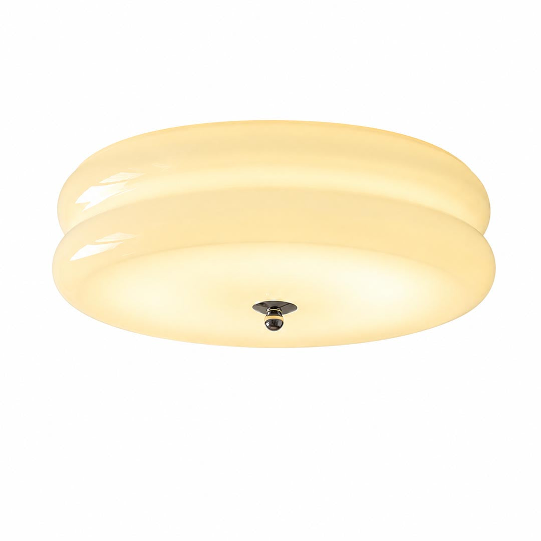 Lumiere deco ceiling light chrome white ribbed glass tiered shade art deco vintage flush mount white background front view
