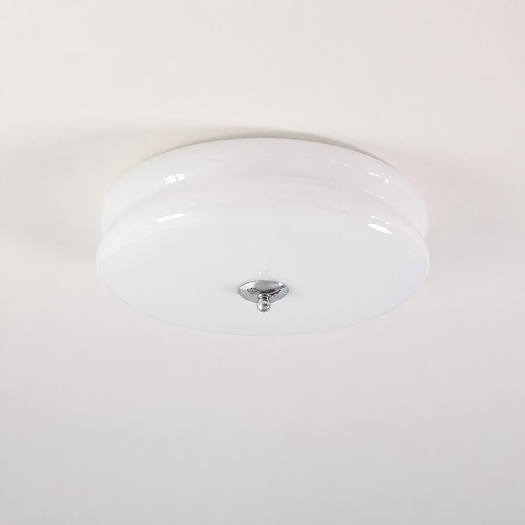 Lumiere deco ceiling light chrome white ribbed glass tiered shade art deco vintage flush mount white background front view