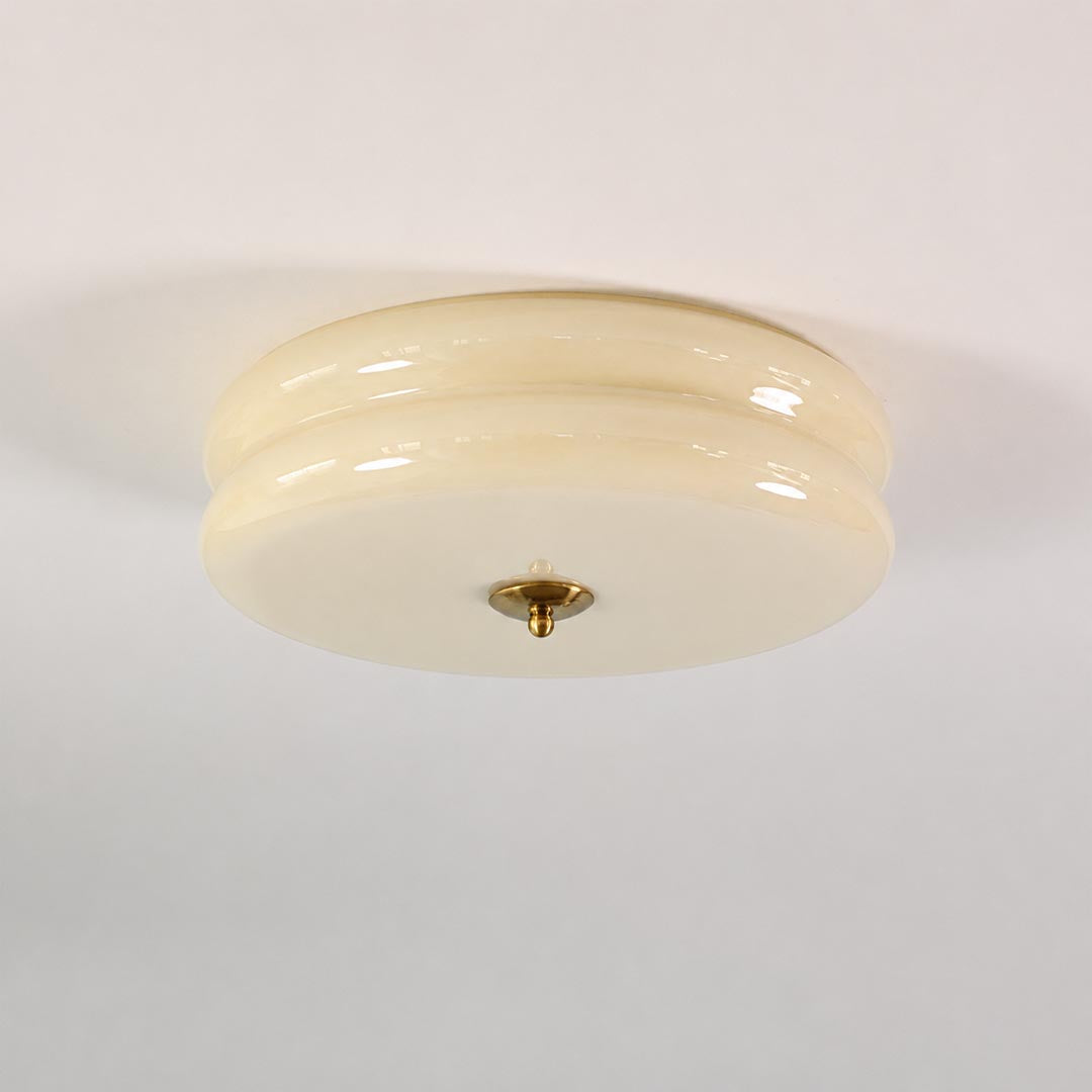 Lumiere deco ceiling light gold beige ribbed glass tiered shade art deco vintage warm flush mount white background front view