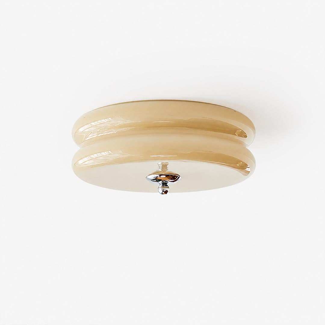 Lumiere deco ceiling light chrome white ribbed glass tiered shade art deco vintage flush mount white background front view