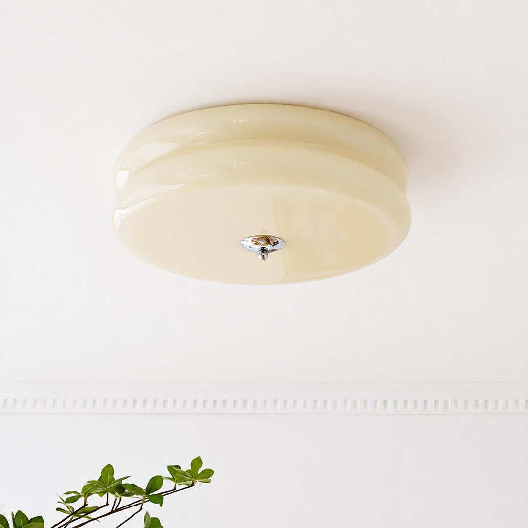 Lumiere deco ceiling light ribbed fluted glass shade texture warm diffused light craftsmanship detail close up